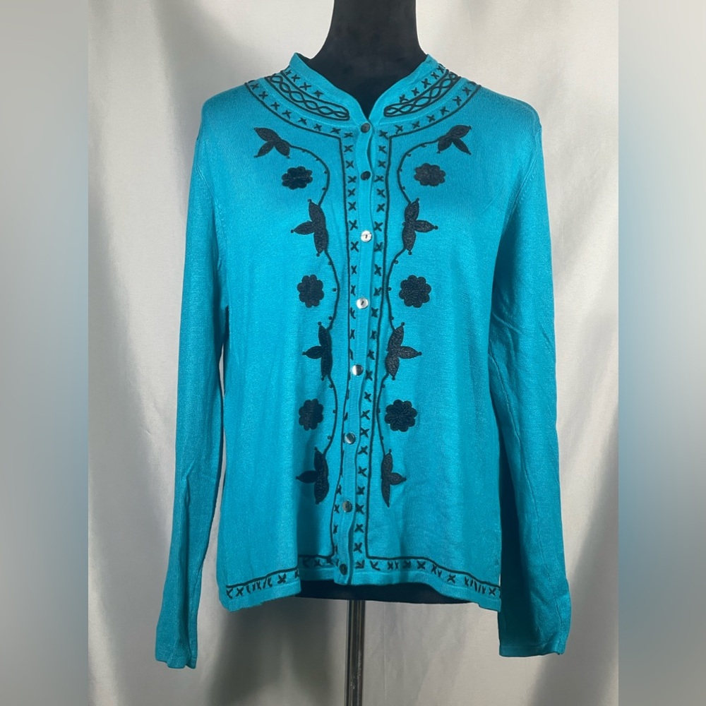 DLG Women's Large Sweater Turquoise Black Floral Embroidered Long Sleeve Sz L